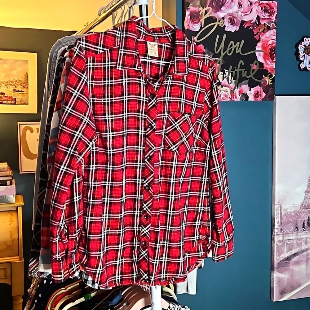 Faded Glory M Buffalo Red Plaid with Gold soft flannel Button-down Shirt.